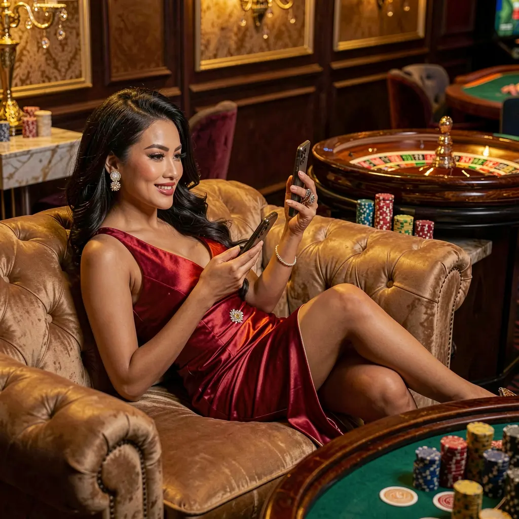 Confident Filipino woman enjoying the JILI BXB casino app in a luxury room with a glowing roulette wheel and stacked chips behind her